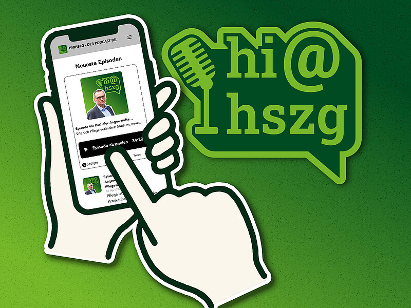 Eine grüne Grafik, auf der eine Hand ein Smartphone hält und eine andere Hand im Comic-Style darauf tippt. Daneben steht der Schriftzug "hi@hszg".
